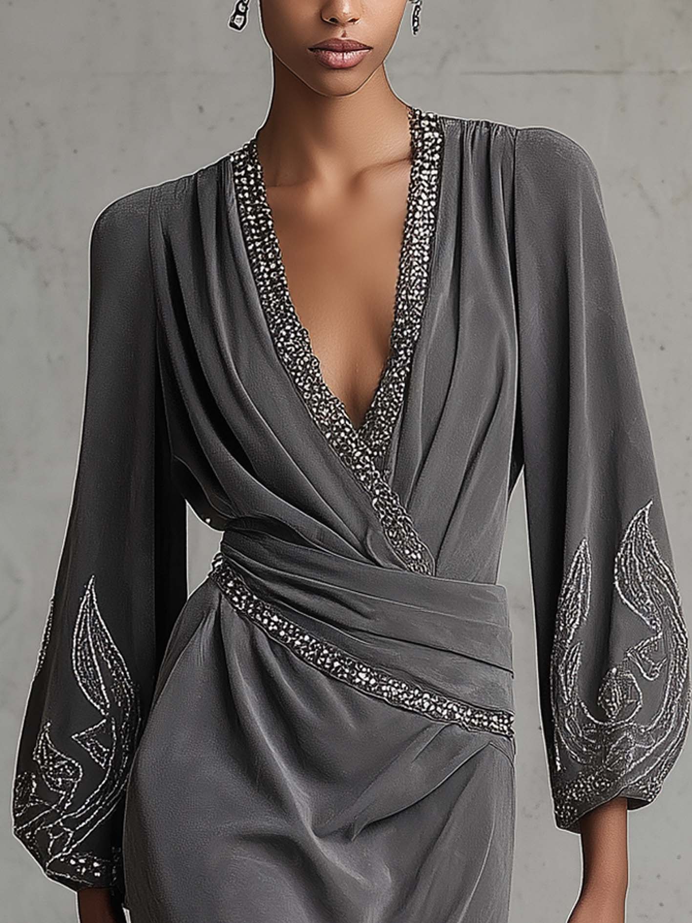 Gray Faux Suede Mini Dress With Rhinestone Chain And Silver Embroidered