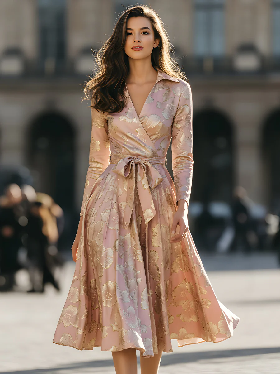 Metallic Floral Jacquard Wrap Dress