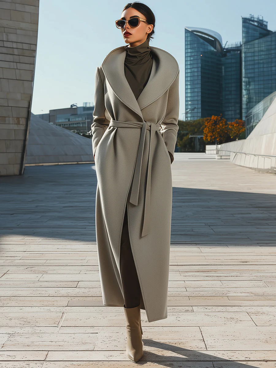 Light Grey Wrap Long Coat With Sculpted Lapels