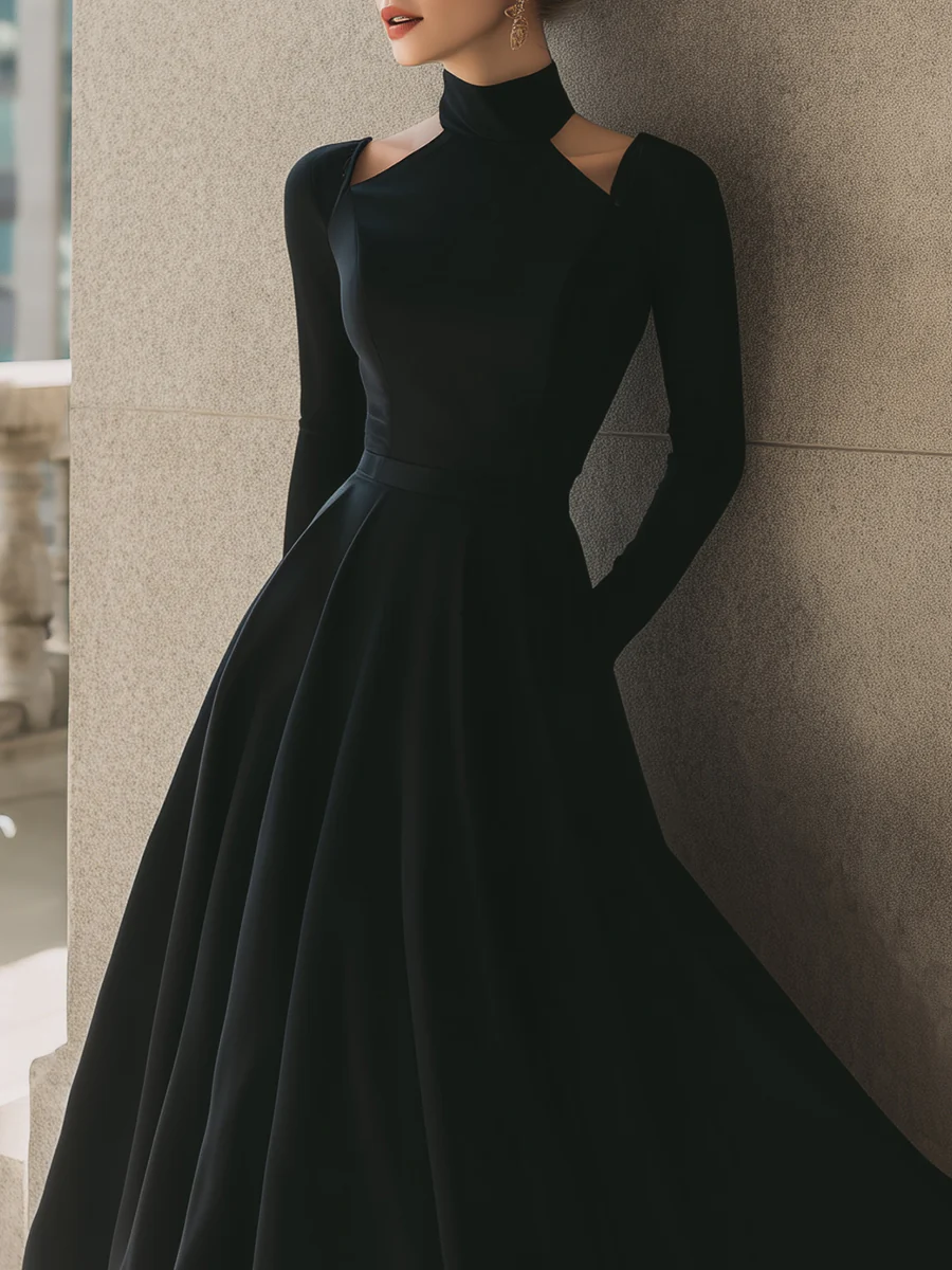 Black Cutout High-Neck Midi Dress