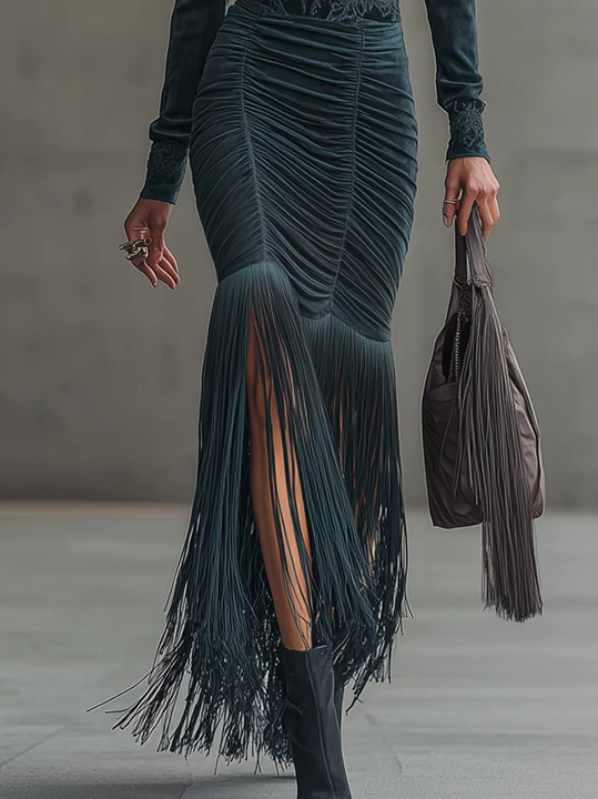 Deep Blue Faux Suede Maxi Dress With Fringe Hem And Embroidery