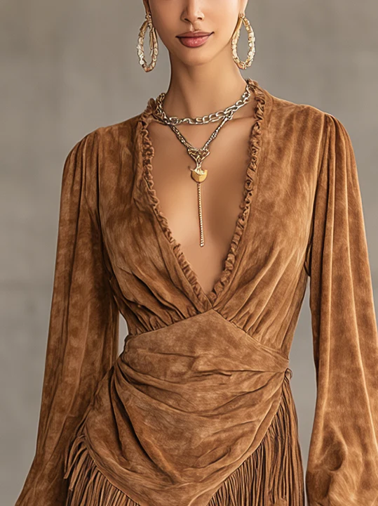 Camel Faux Suede Wrap Mini Dress With Fringe Hem And Deep V-Neck