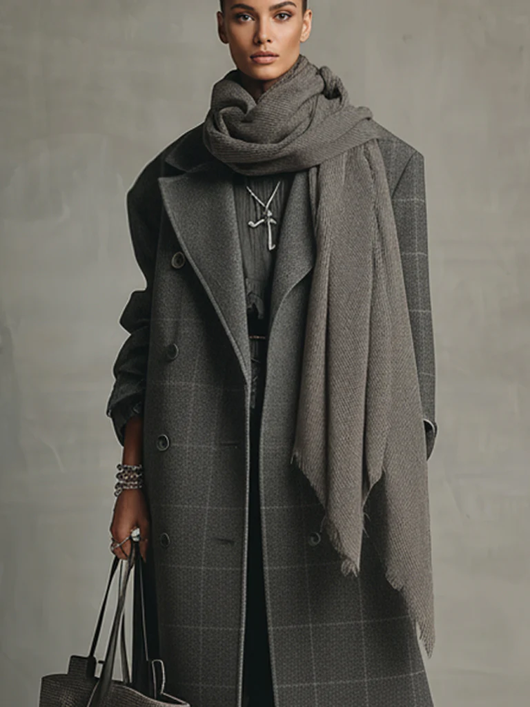 Charcoal Gray Check Double Breasted Wool Blend Coat