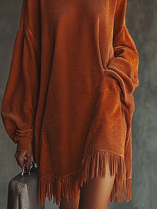 Orange Corduroy Loose Tassel Hem High Collar Dress
