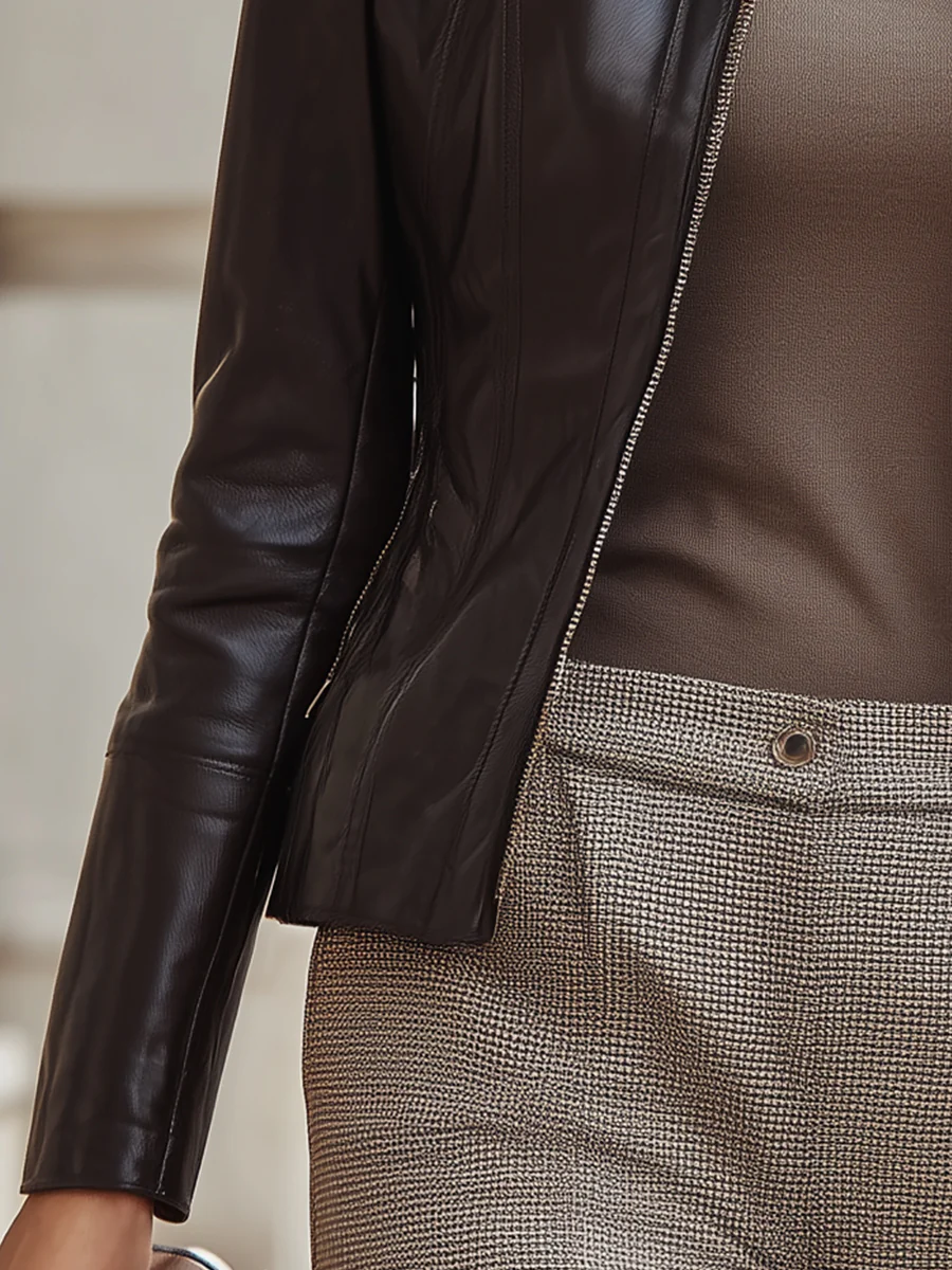 Espresso Black Leather Stand-Collar Jacket