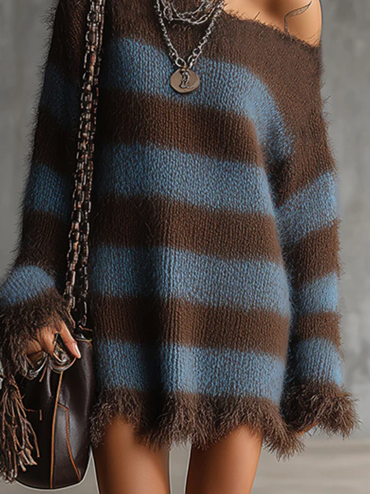 Brown And Blue Fuzzy Striped Oversized Sweater Dress