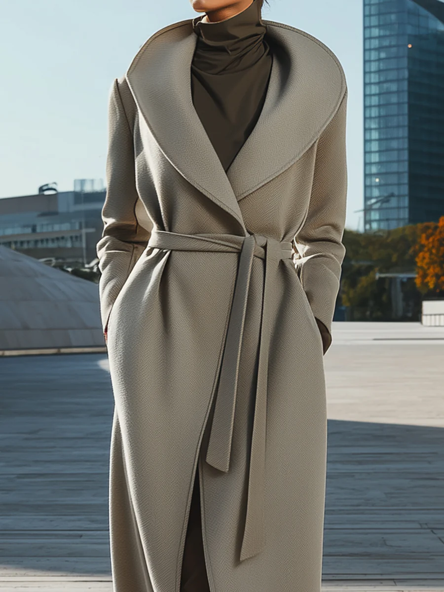 Light Grey Wrap Long Coat With Sculpted Lapels