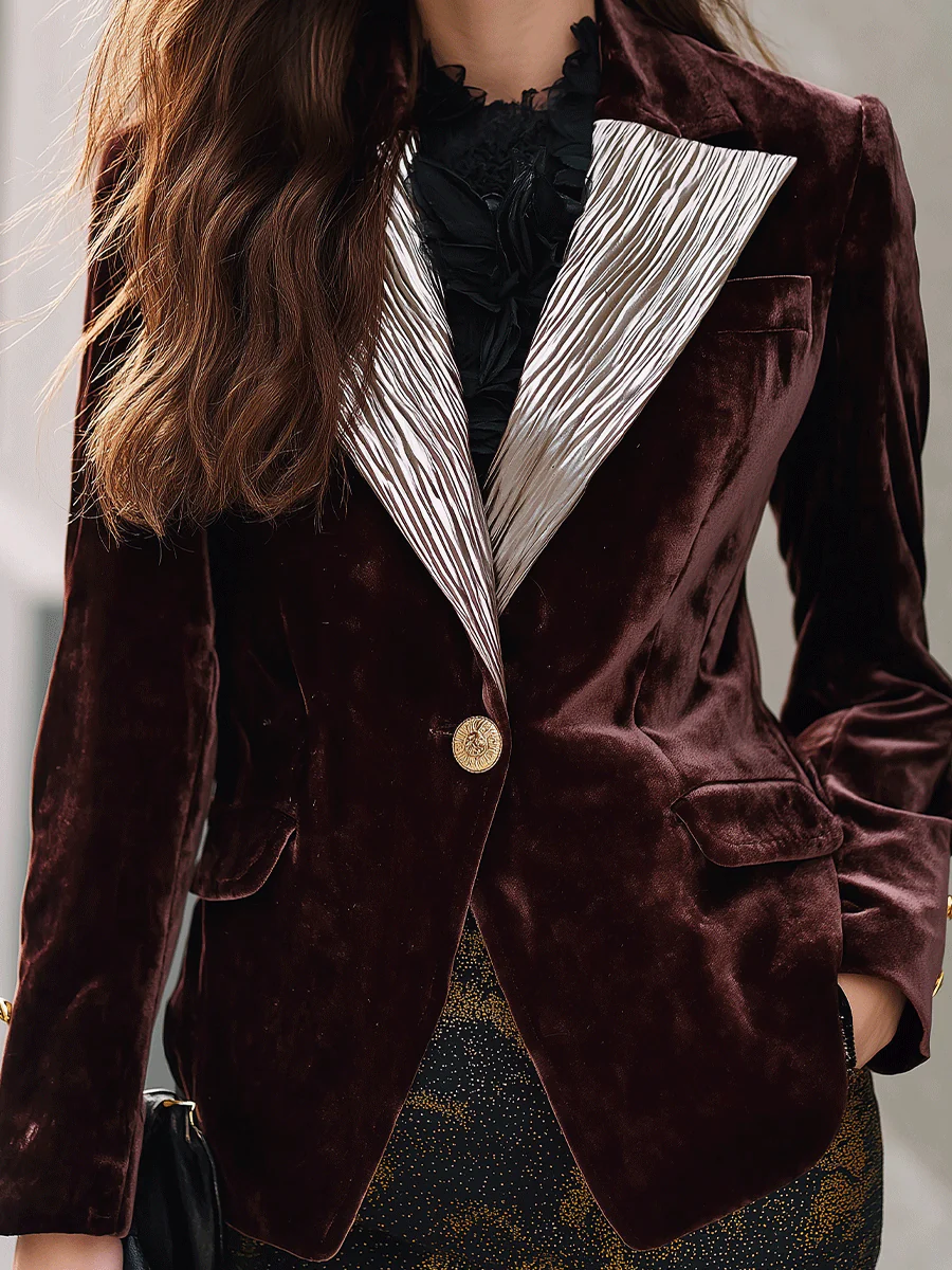 Bordeaux Velvet Blazer With Pleated Satin Lapel