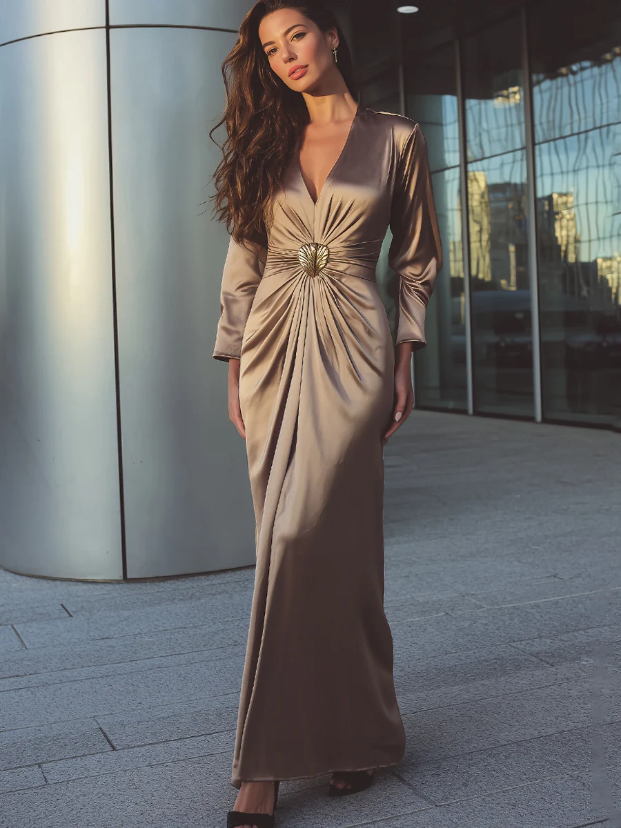 Champagne Gold Satin Maxi Dress With Brooch Detail