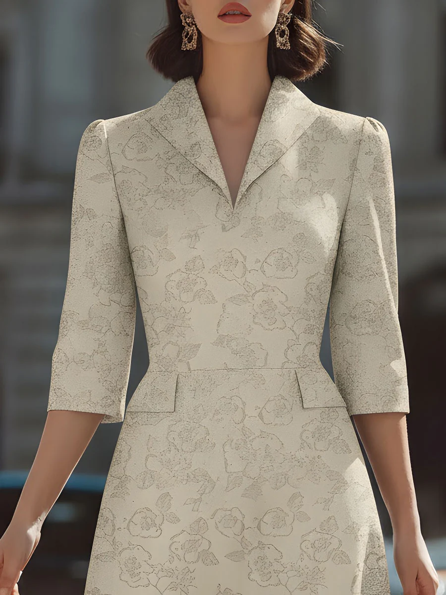 Chic Beige Dress With Subtle Floral Print - Perfect For Day To Night Looks