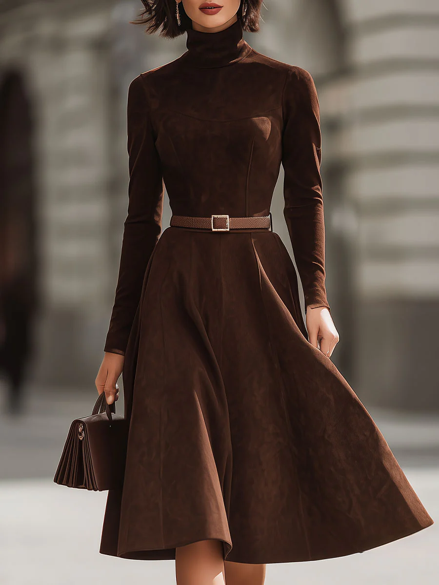 Elegant Brown Suede Midi Dress With Belted Waist