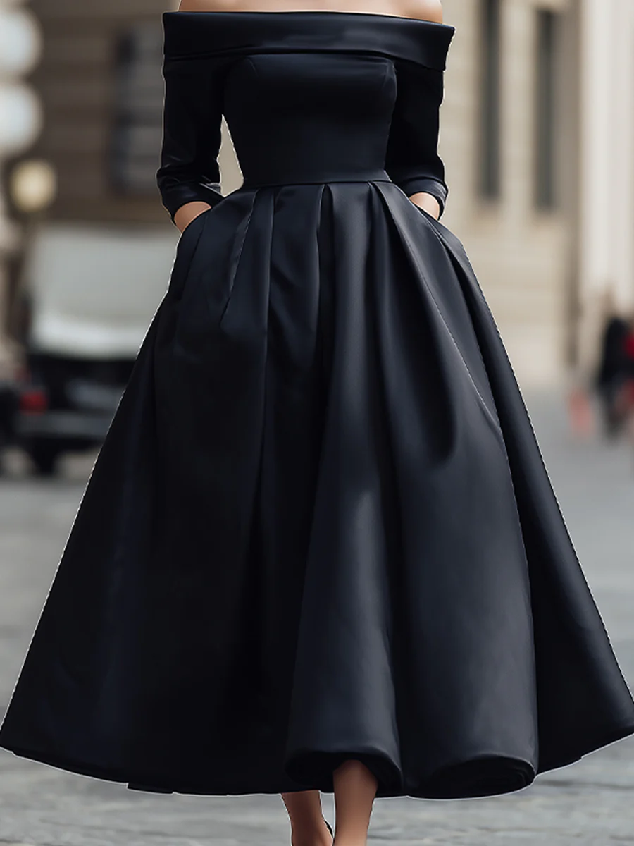 Elegant Off-Shoulder Satin Midi Dress
