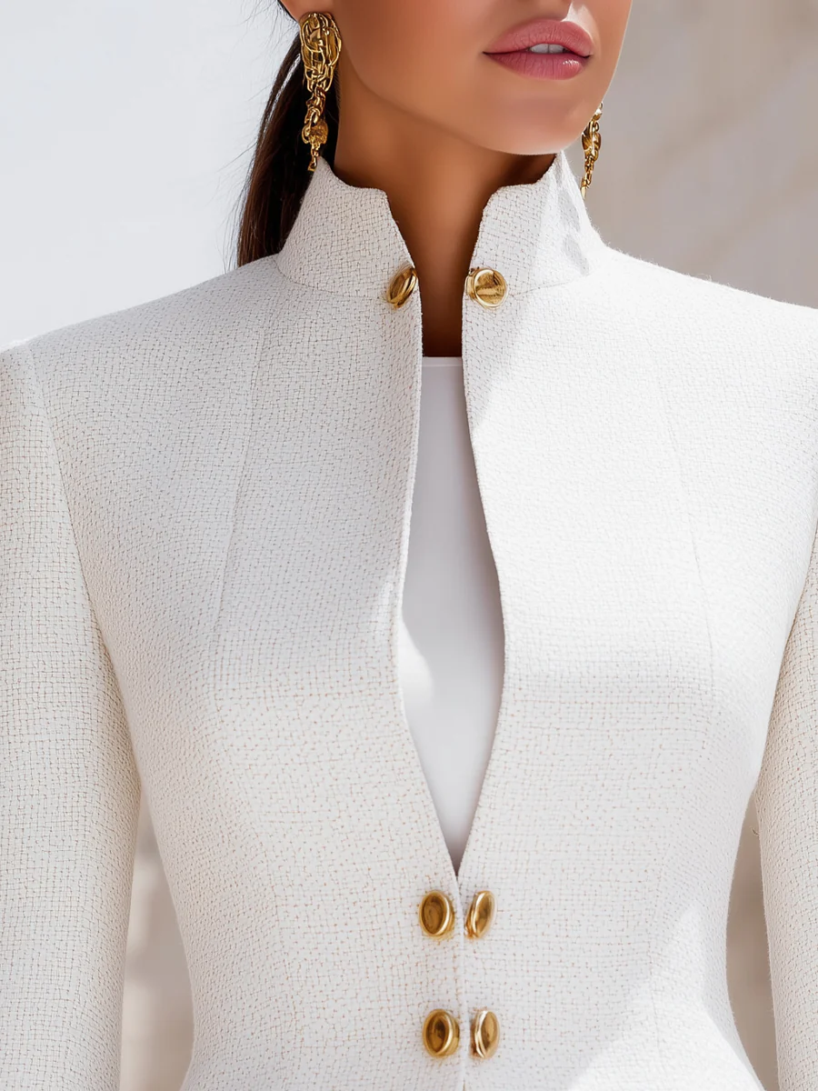 Sculpted Stand Collar Blazer With Gold Buttons