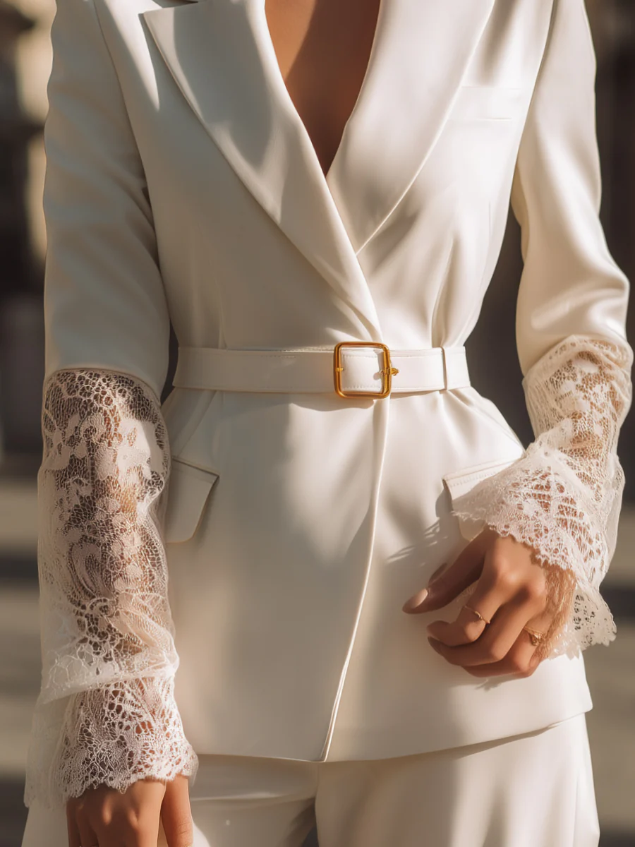 Tailored Lace-Cuff Belted Blazer