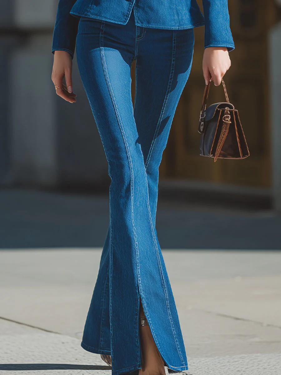 Elegant High-Waisted Denim Pants And Tailored Blazer In Vibrant Hue