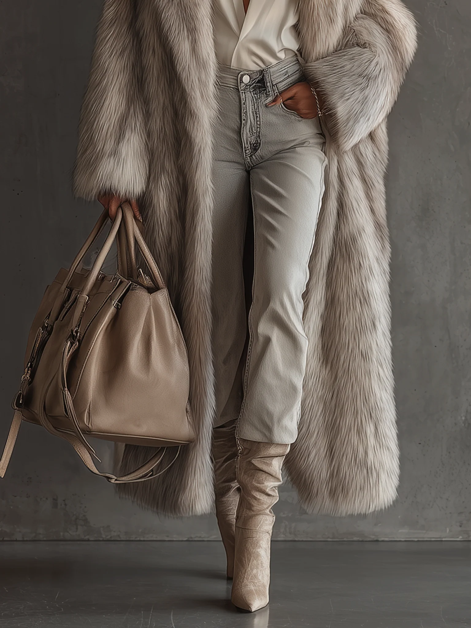 Gray Gradient Faux Fox Fur Eco Friendly Coat