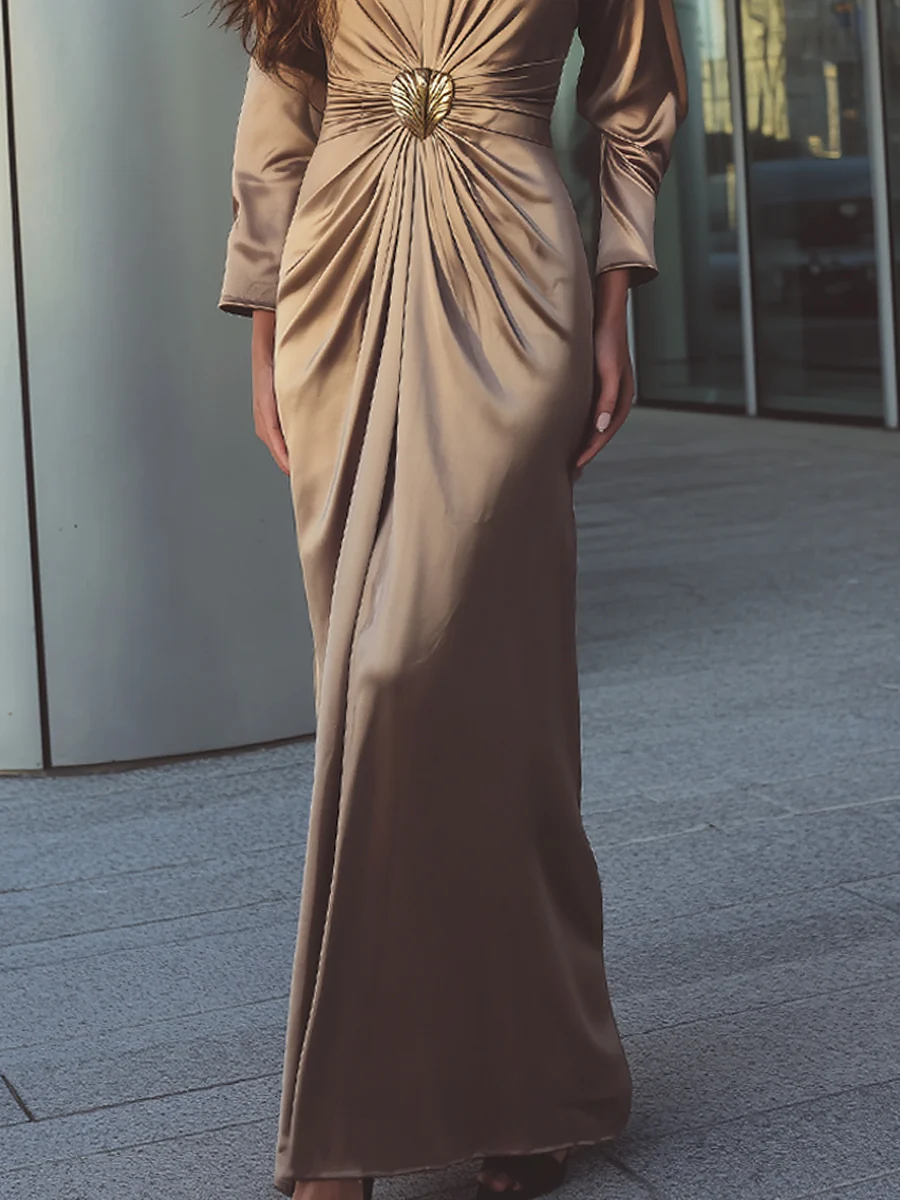 Champagne Gold Satin Maxi Dress With Brooch Detail