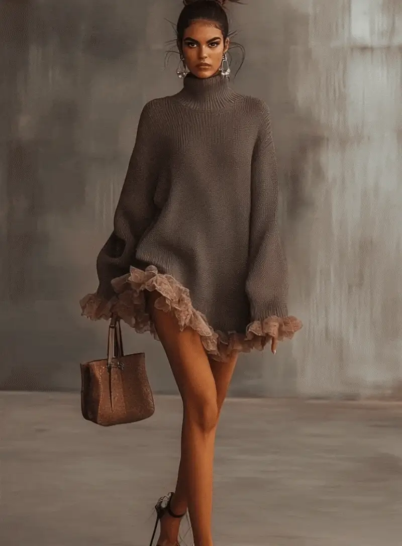 Brown Ruffled Hem Turtleneck Sweater Dress