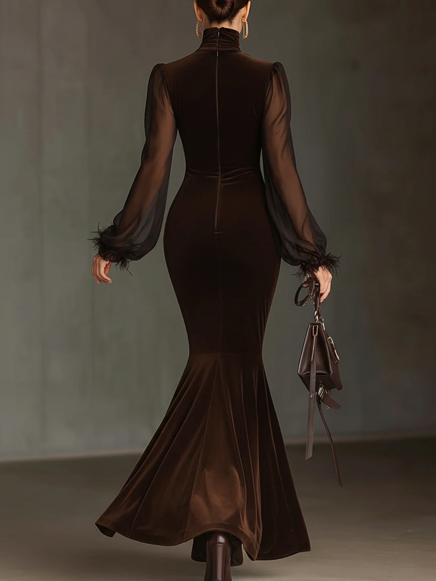 Brown Velvet Chiffon Feather Sleeve Maxi Dress