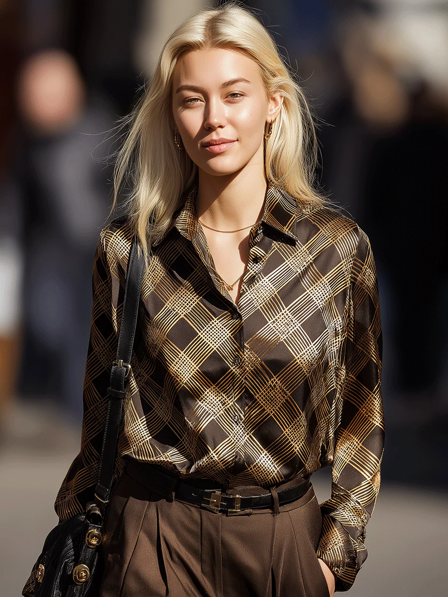 Brown And Gold Plaid Button-Down Shirt