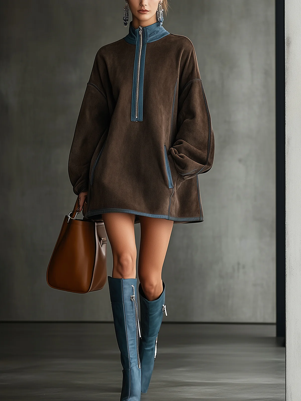 Brown Faux Suede Fleece High-Neck Zip-Up Oversized Mini Dress