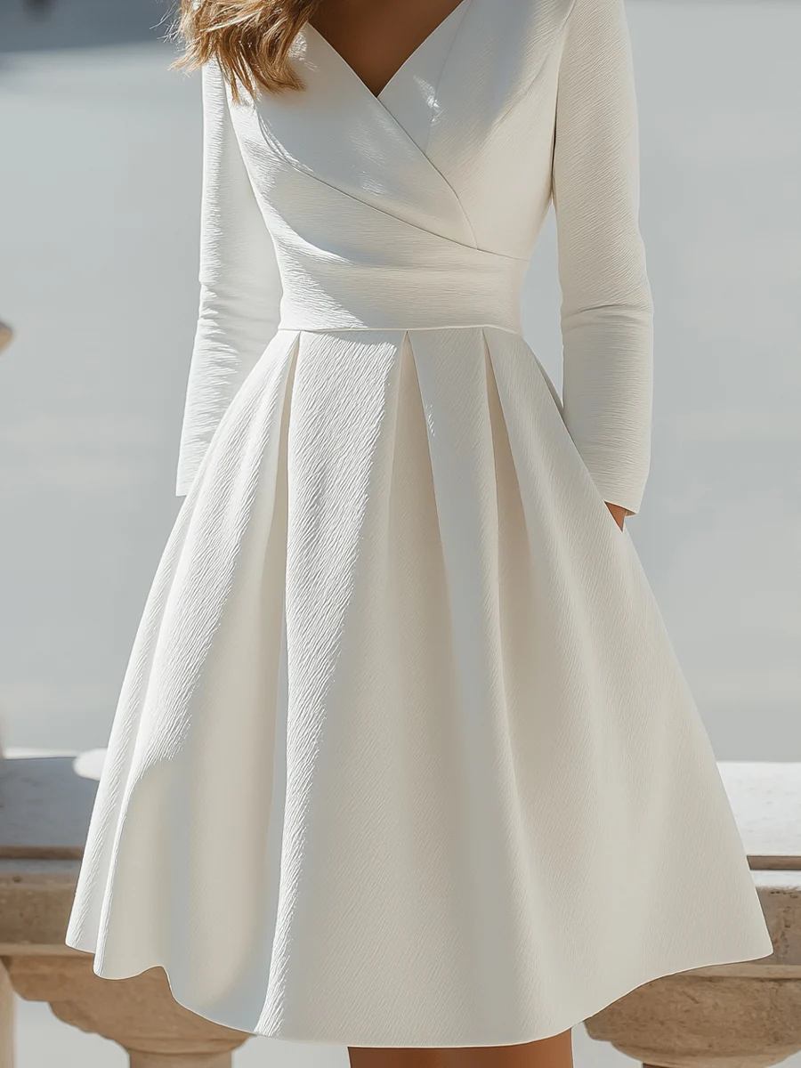 White V-Neck Pleated A-Line Dress