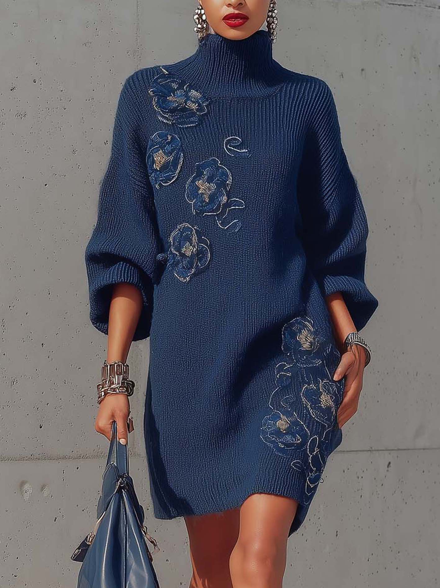 Navy Knitted Mohair Mini Dress With Floral Embroidery