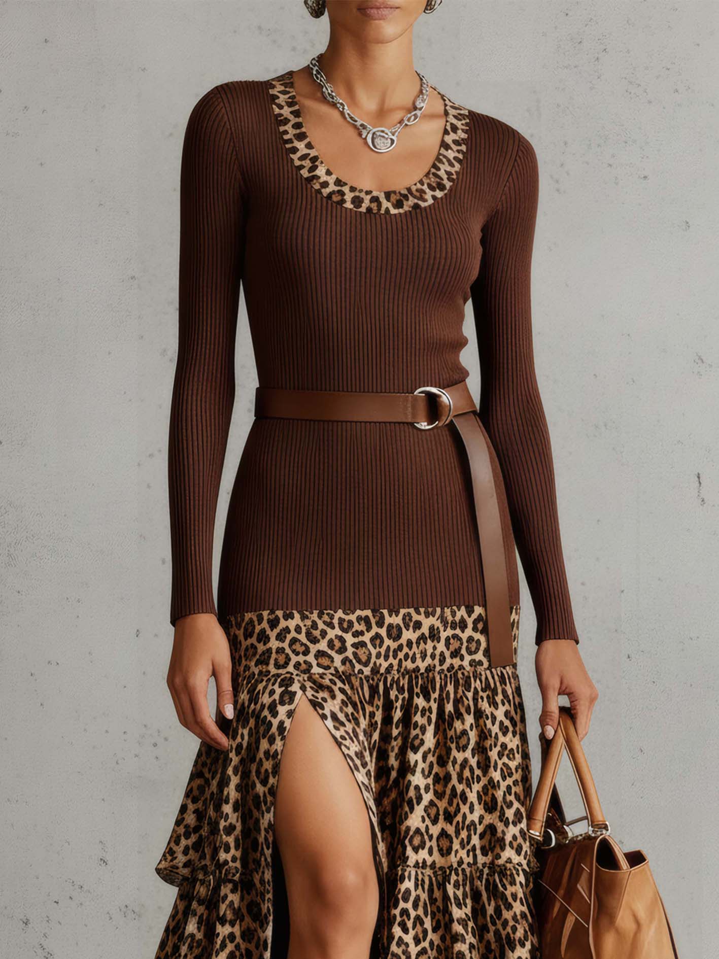 Brown Knitted Midi Dress With Leopard Print Ruffles And Belt