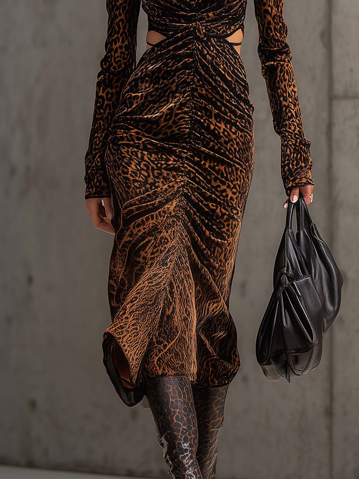 Leopard Velvet Cutout Ruched Bodycon Dress