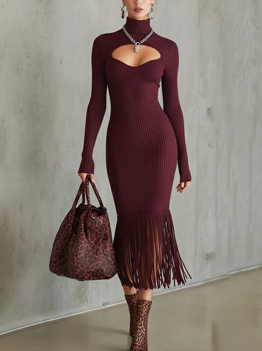 Burgundy Ribbed Knit Cutout Midi Dress With Fringe Hem
