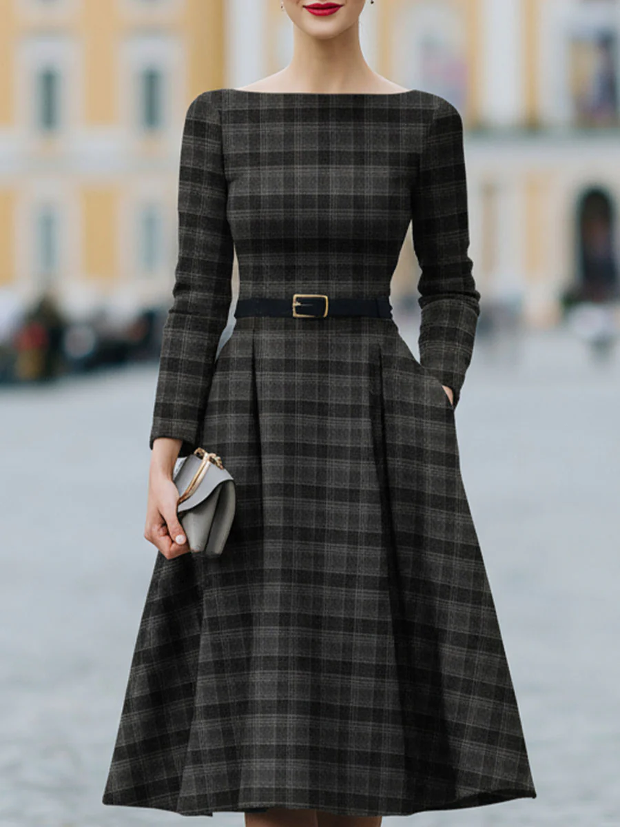 Chic Boat Neck Plaid Dress For Effortless Style