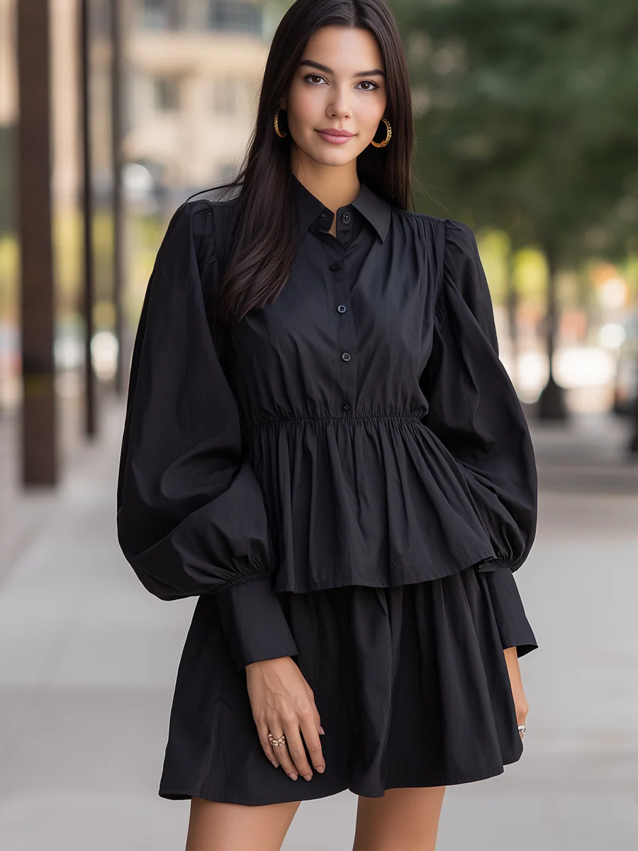 Balloon-Sleeve A-Line Shirt Dress
