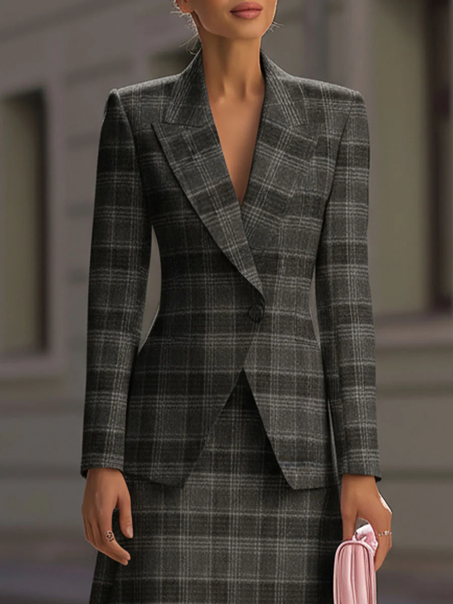 Grey Plaid Tailored Skirt Suit