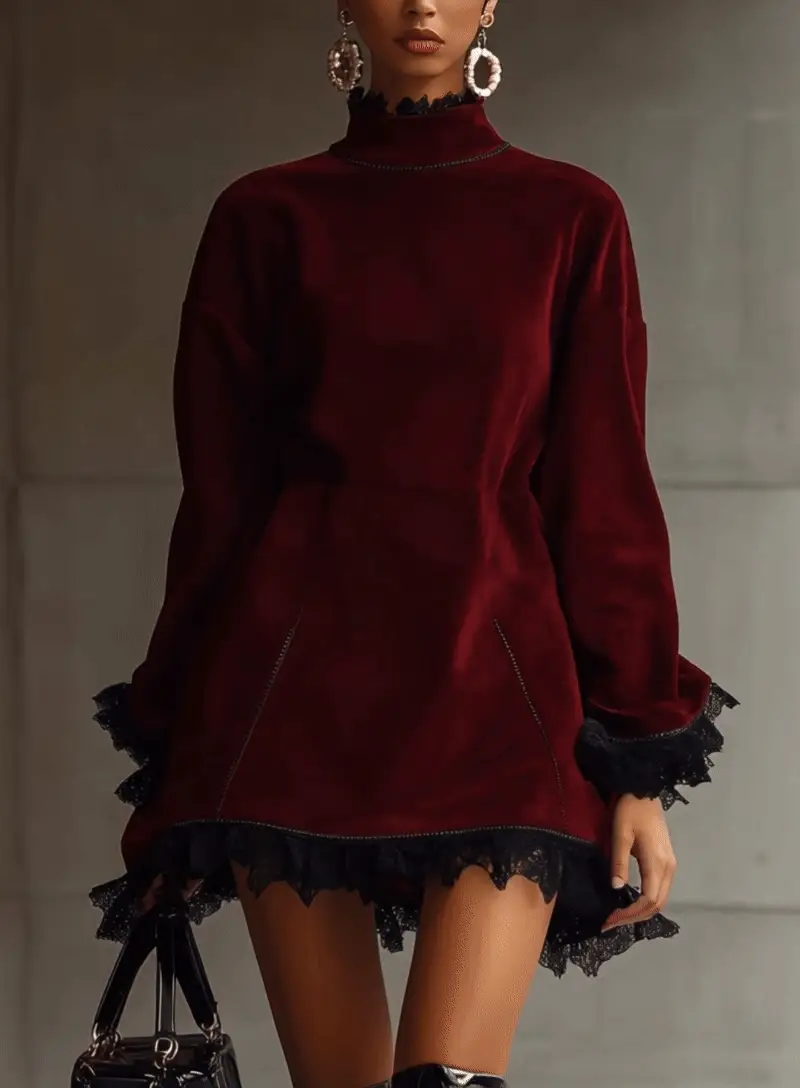 Burgundy Faux Suede Mini Dress With Black Lace Trim