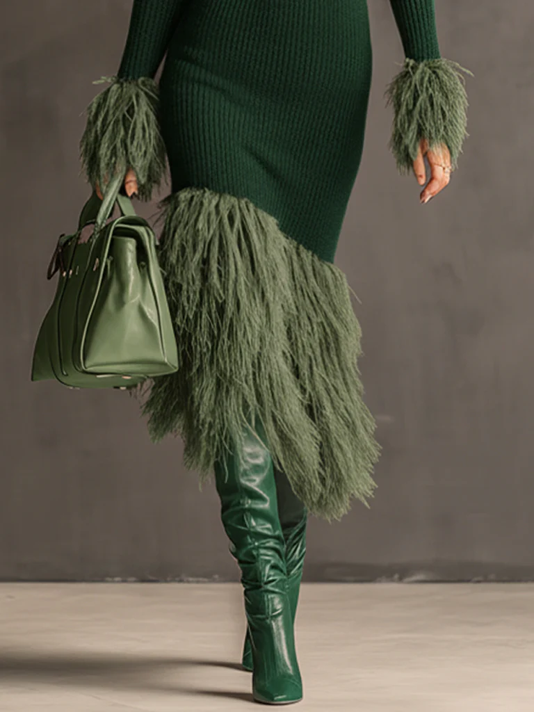 Emerald Knit Patchwork Eco Faux Fur Long Sleeve Bodycon Dress