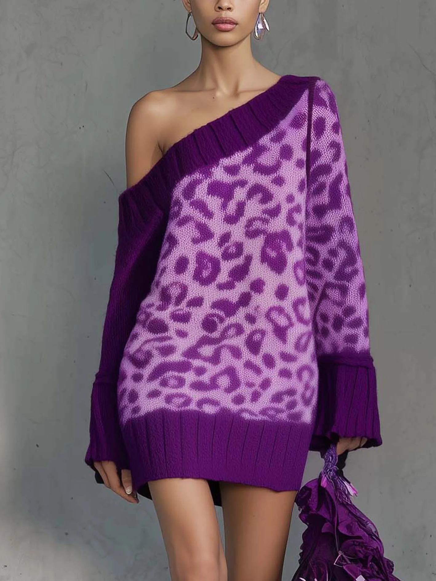 One Shoulder Purple Knit Mini Dress With Leopard Print