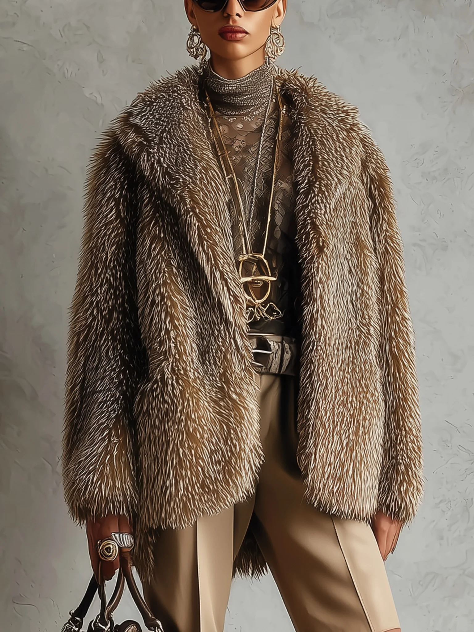 Brown Ombre Eco Faux Fur Luxury Long Sleeve Jacket