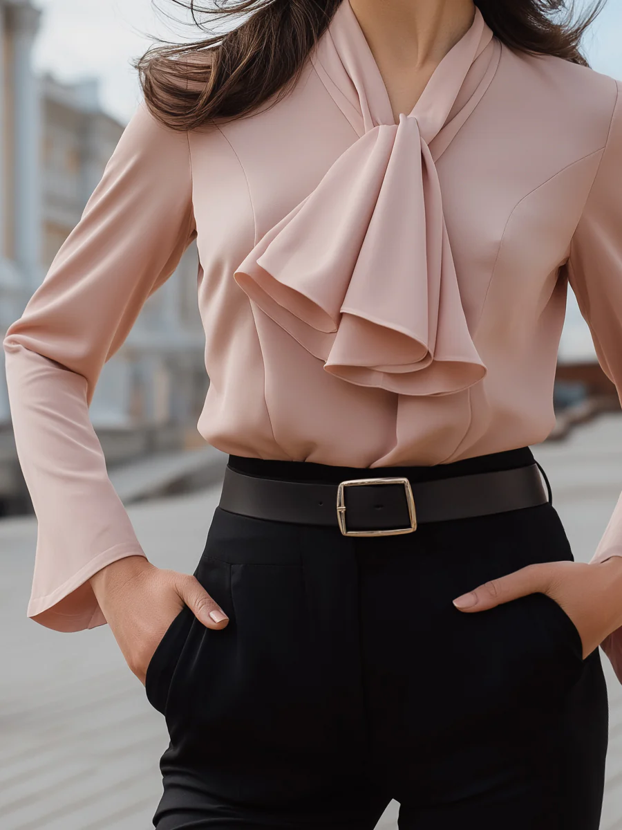 Bow Tie Blouse With Flared Sleeves