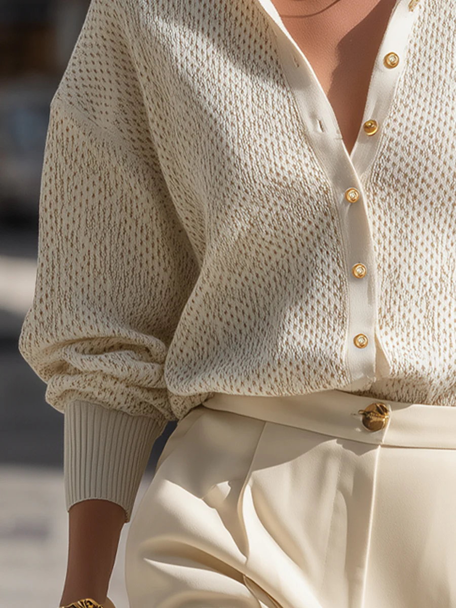 Chic Knit Sweater with Button-Down Front and Ribbed Detail