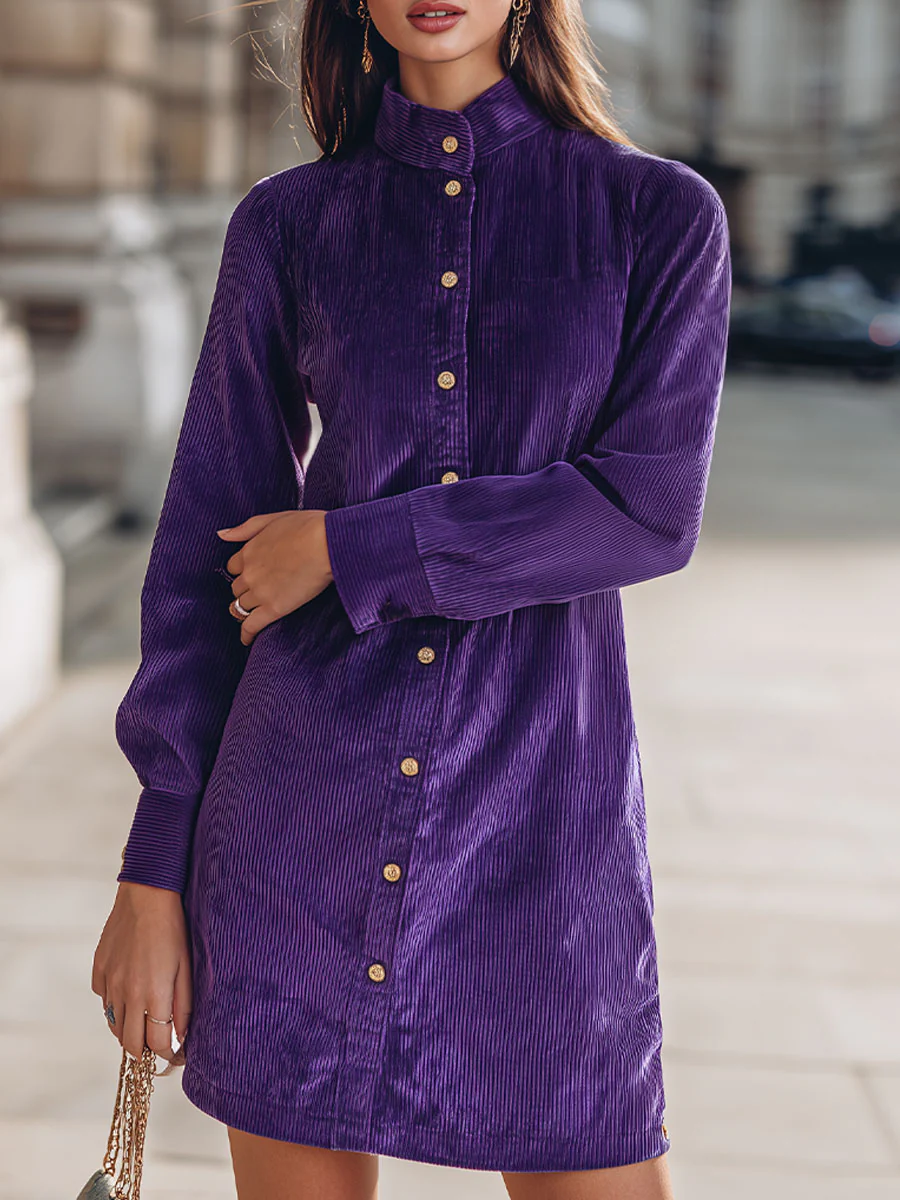 Retro Purple Corduroy Button-Front Shirt Dress For Vintage Charm