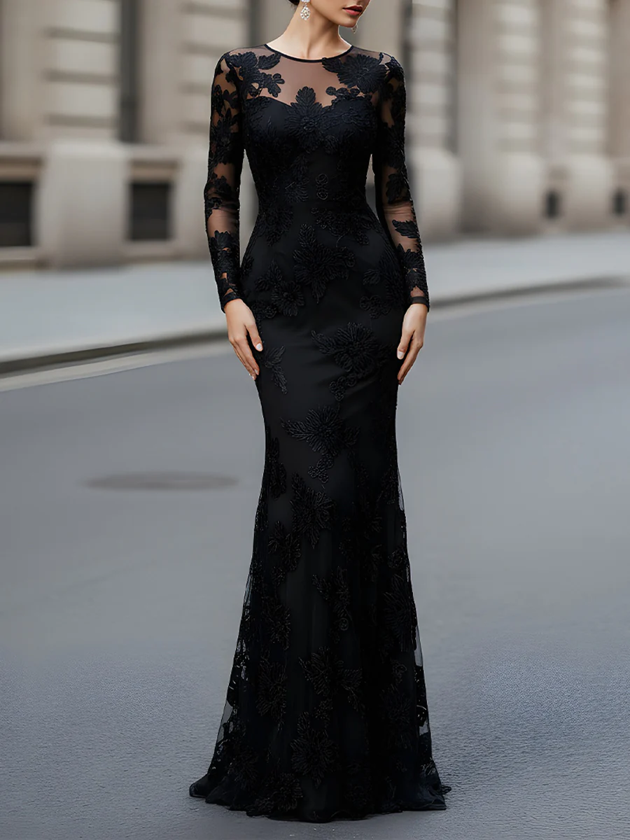 Black Floral Embroidered Illusion Evening Gown
