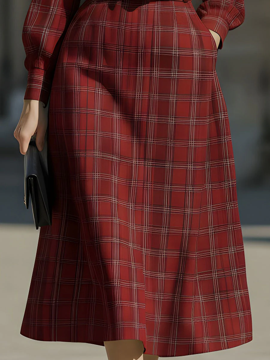 Sophisticated Red Checkered Midi Dress For Classic Style