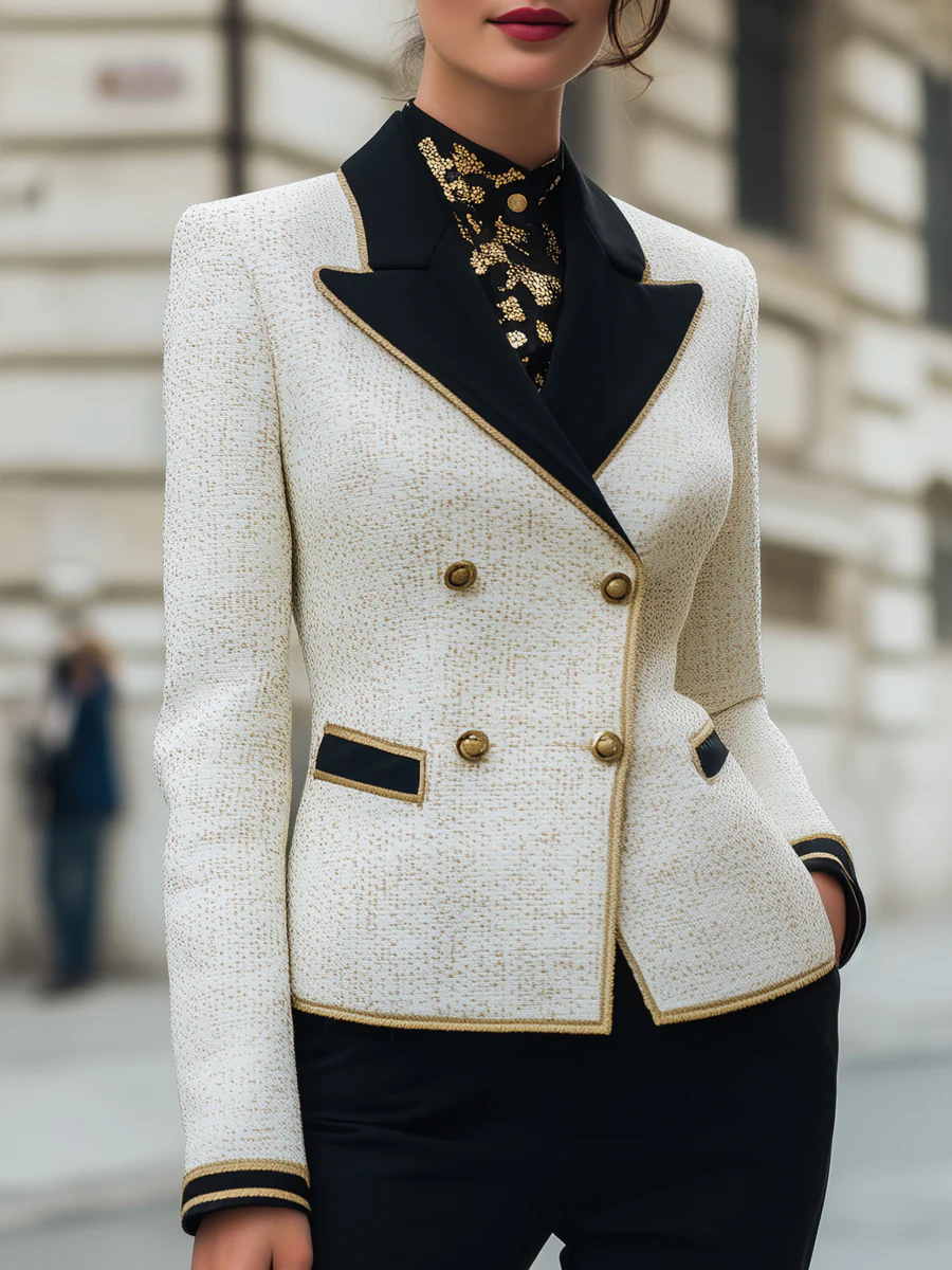 Contrast Lapel Tweed Blazer With Piped Trim