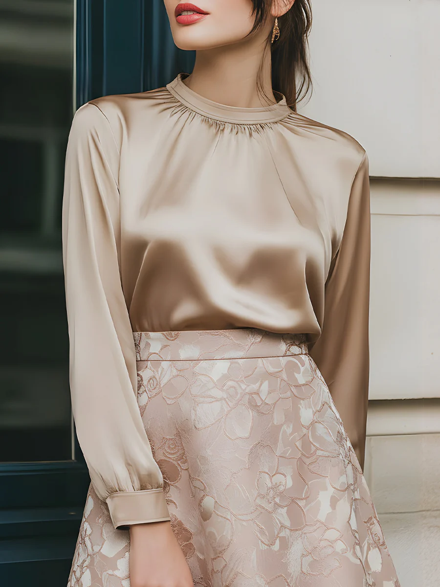 Satin Blouse And Jacquard A-Line Skirt Set