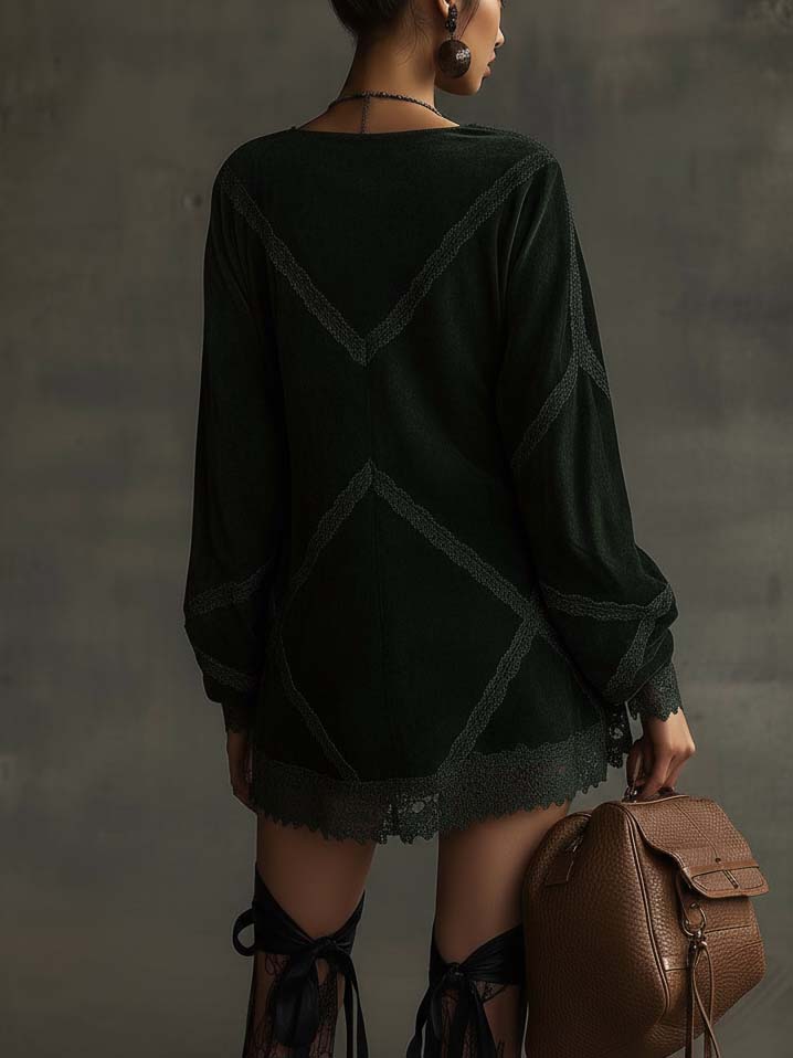Emerald Green Faux Suede Mini Dress With Lace