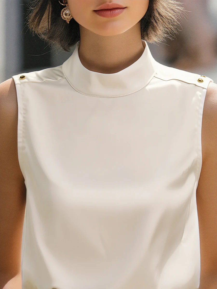 Elegant Ivory High-Neck Sleeveless Satin Blouse