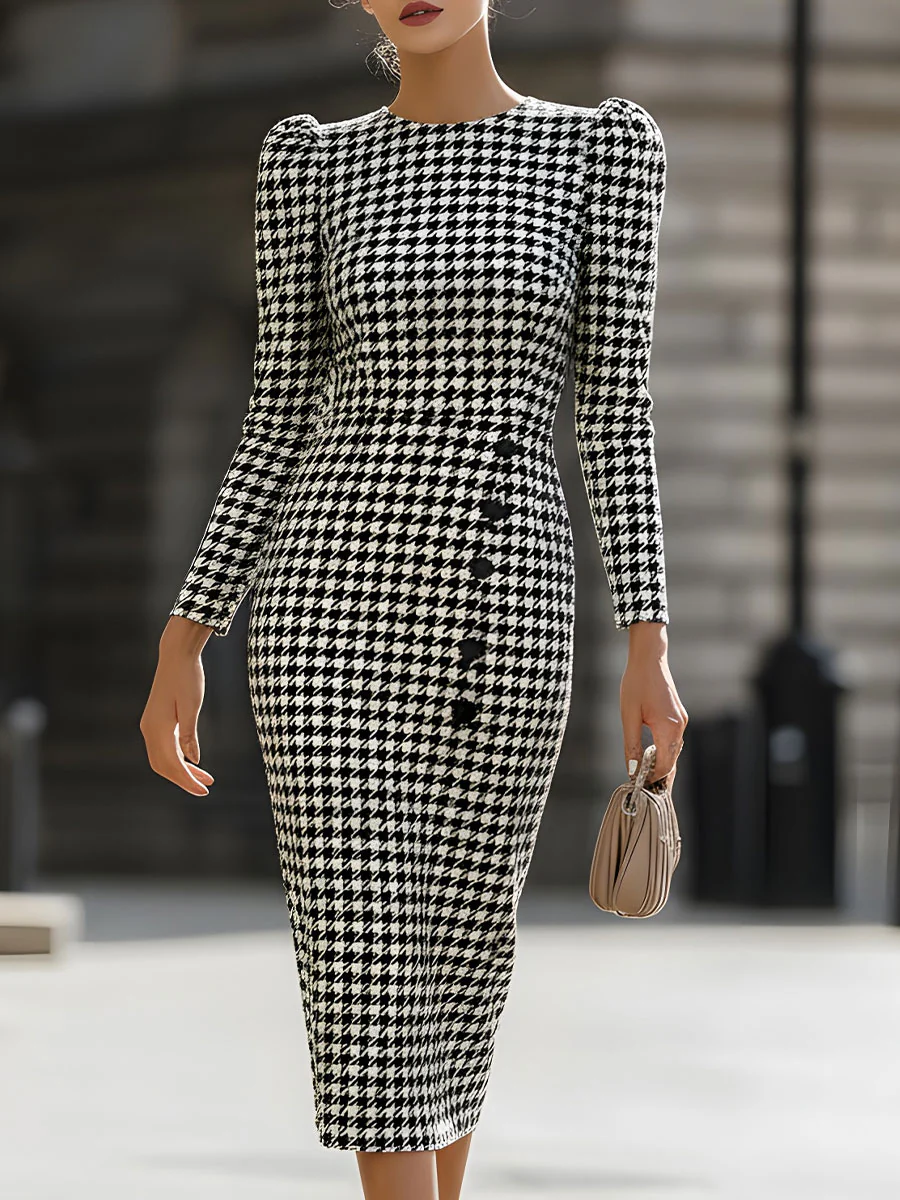 Mooyius Retro-Chic Houndstooth Midi Dress With Puff Shoulders