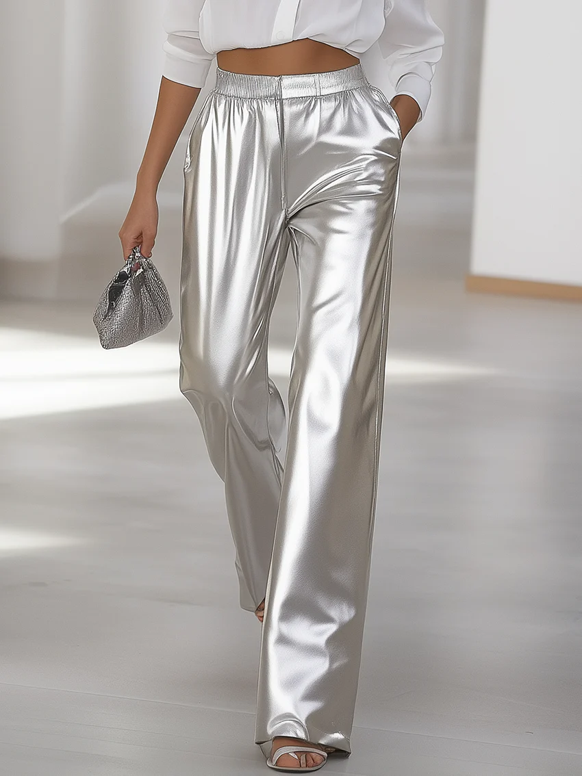 24-Hour-Shipping Fashion Glossy Silver Pants