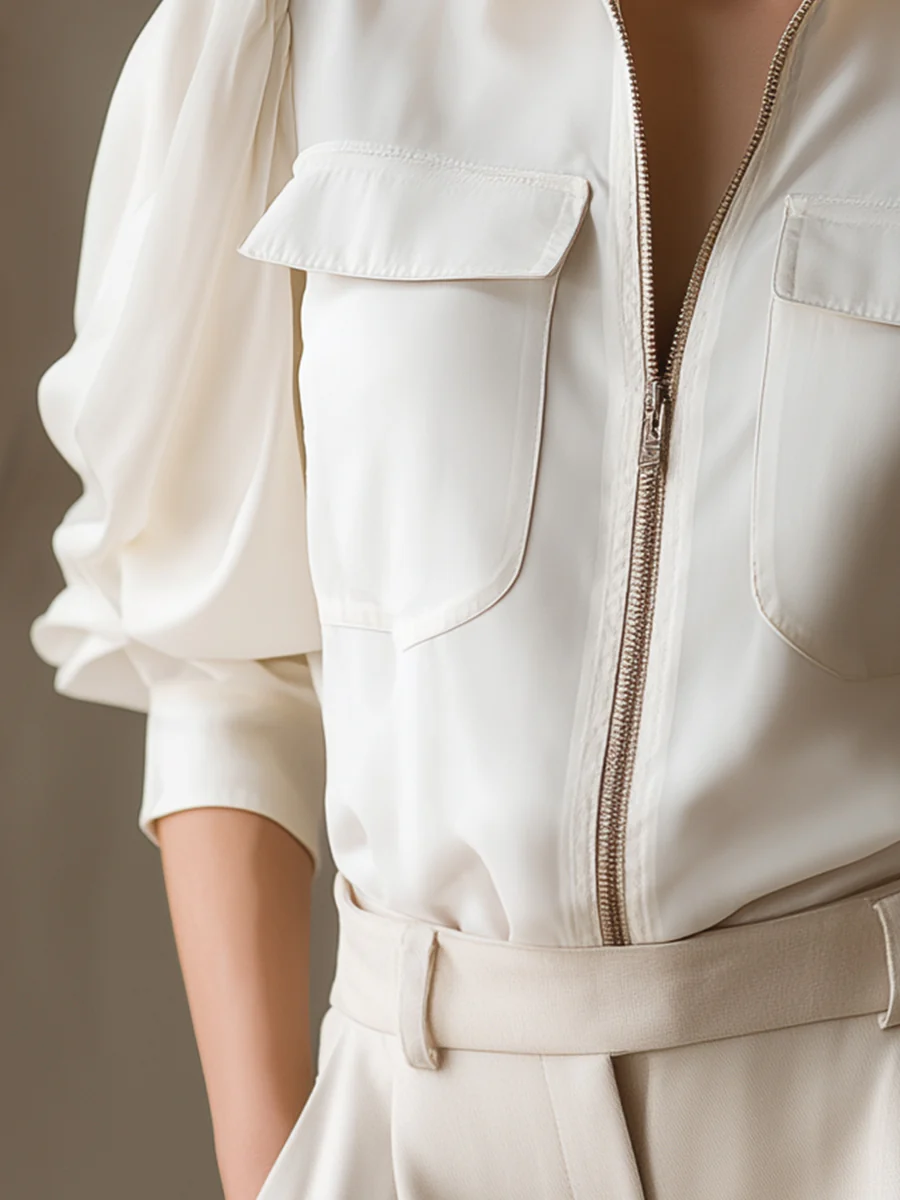 Elegant Zip-Front White Blouse