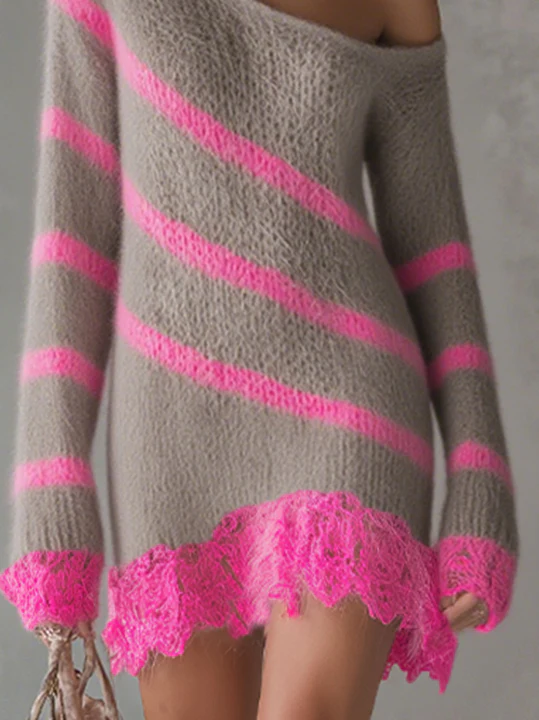 Gray And Pink Fuzzy Knit Sweater Dress With Lace Trim